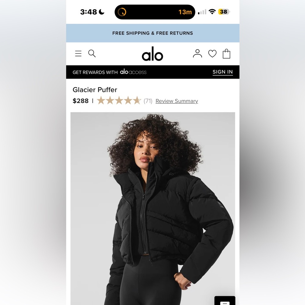 ALO Yoga Glacier Puffer Jacket – Black Quilted Coat | Size S | Like New